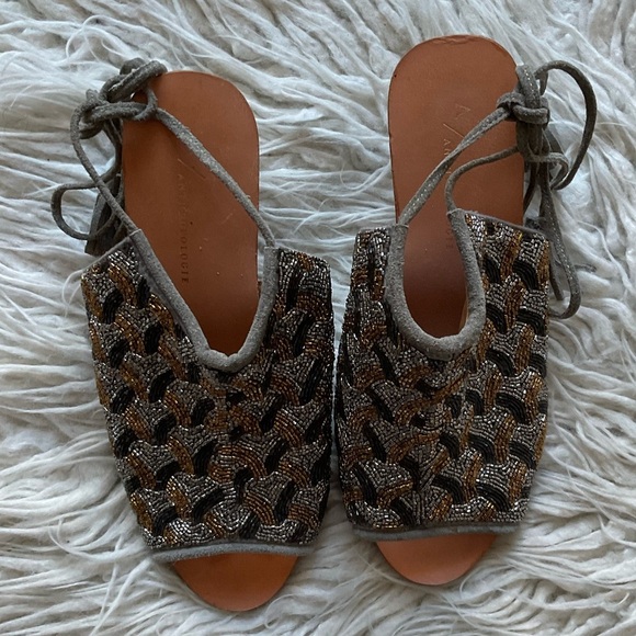 Anthropologie Gray Beaded Suede Tassels Wrap Open Toe Wedge Sandals EUC Size 37 - Picture 6 of 12